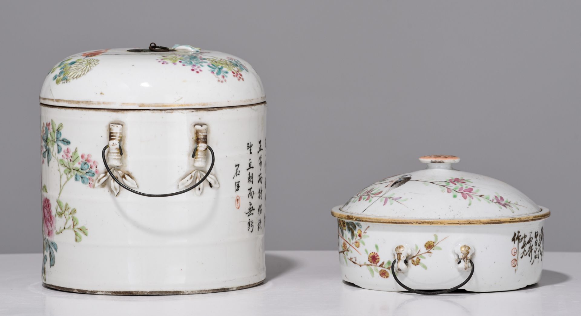 Two Chinese Qianjiangcai ware food storage containers, with signed texts, Republic period, tallest H - Image 3 of 9