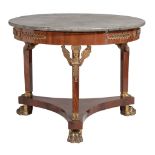 A fine Empire style gueridon, mahogany veneered with gilt bronze mounts and grey marble top, H 77 -