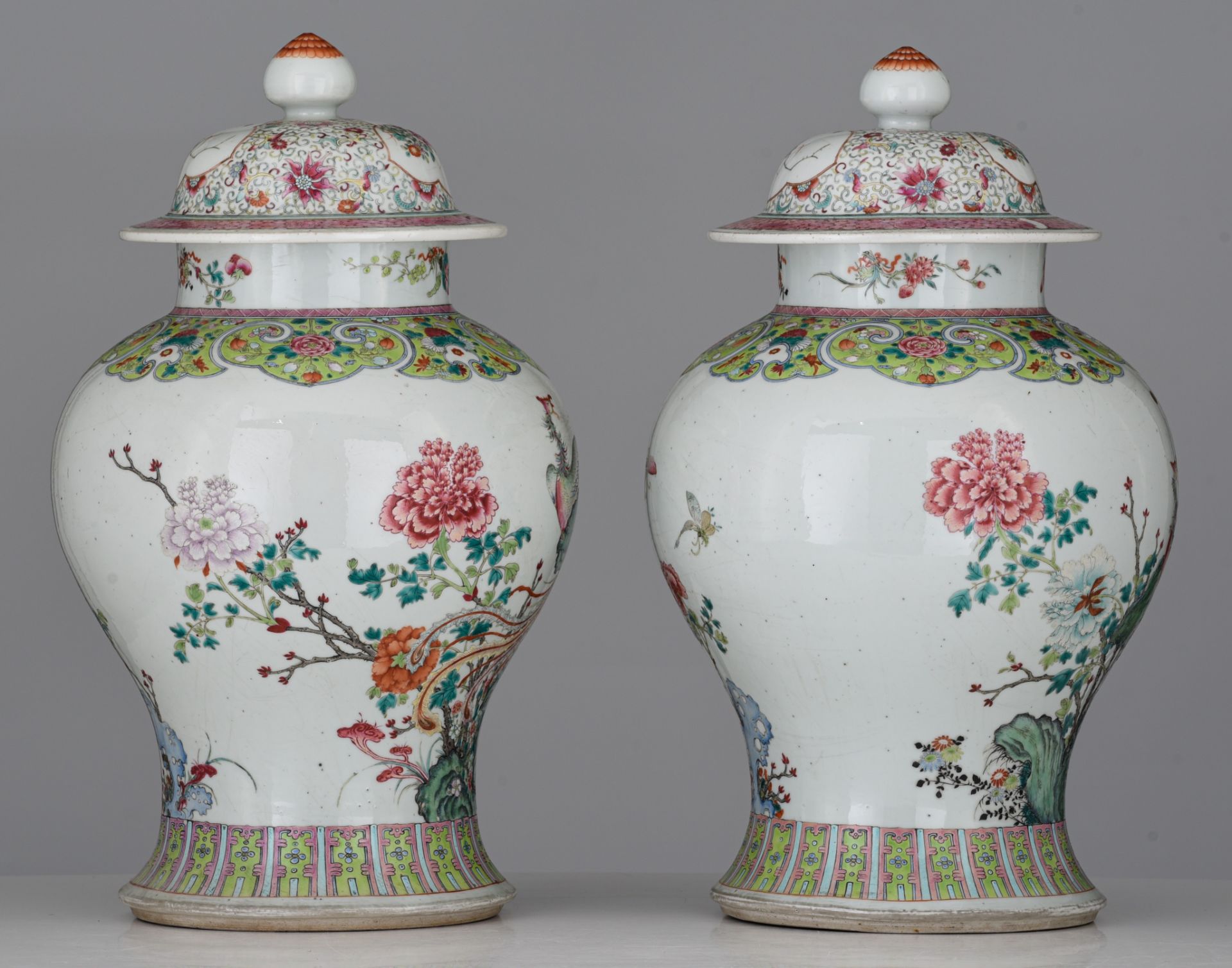 A fine pair of Chinese famille rose 'Phoenix' covered vases, 19thC, H 44,5 cm - Image 5 of 7