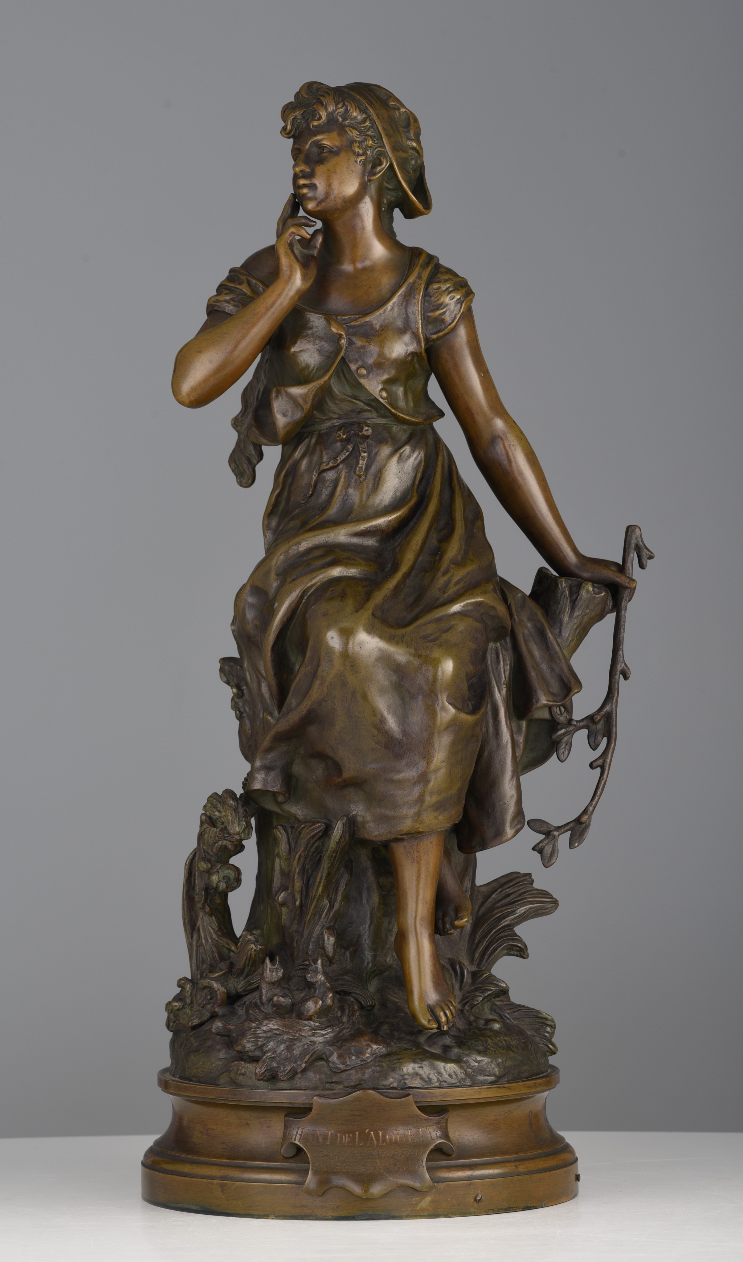 Hippolyte Francois Moreau (1832-1927), 'Chant de l'alouette', patinated bronze, H 58,5 cm - Image 3 of 9