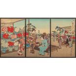 Triptych of Japanese woodblock prints format oban by an unknown artist, depicting beauties in a gard