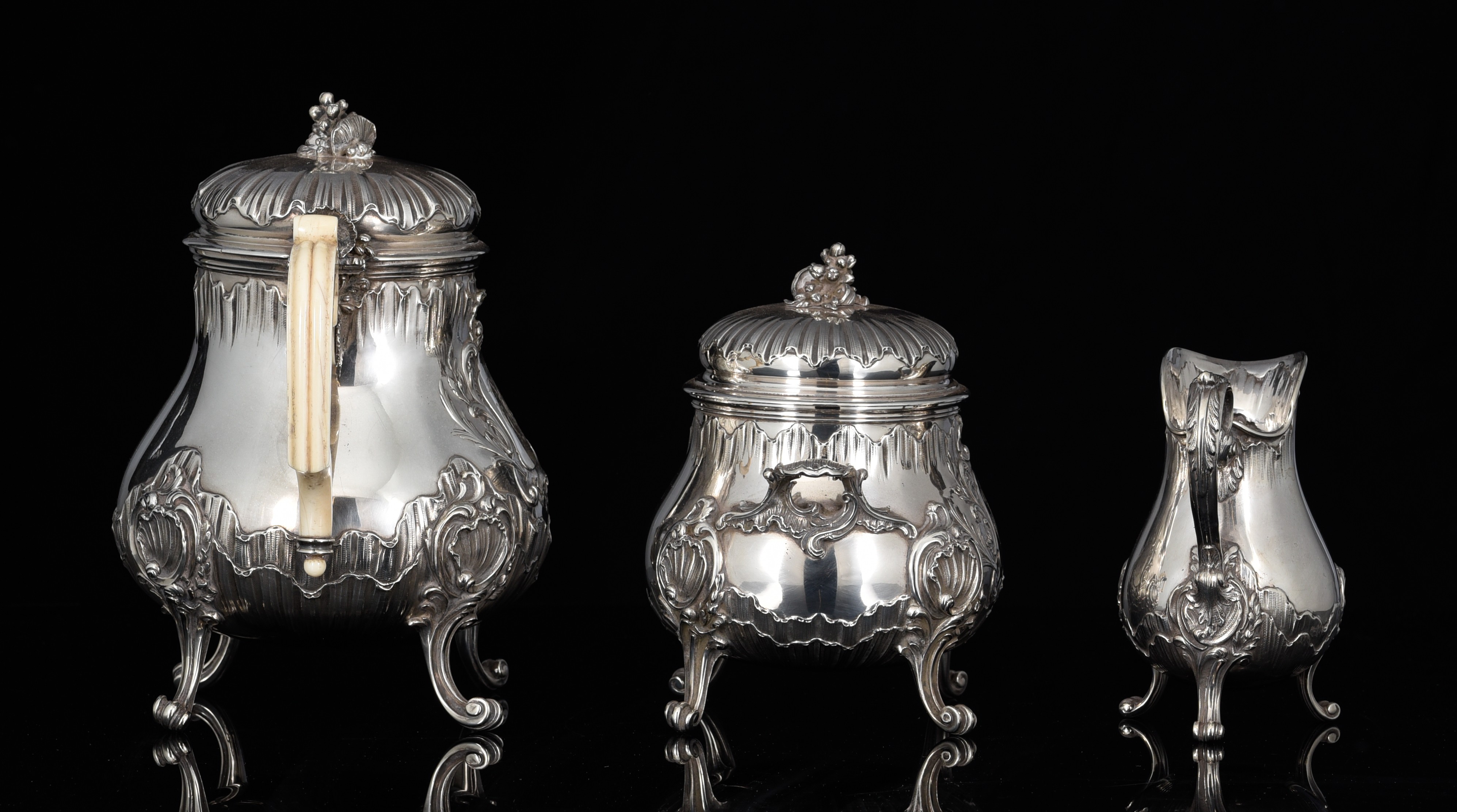 A French three-part silver Rococo Revival coffee set, 950/000, H 13,5 - 22,5 cm, c 1980 g - Image 5 of 7