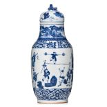 A Chinese blue and white 'Figural' lidded vase, 19thC, H 49,5 cm