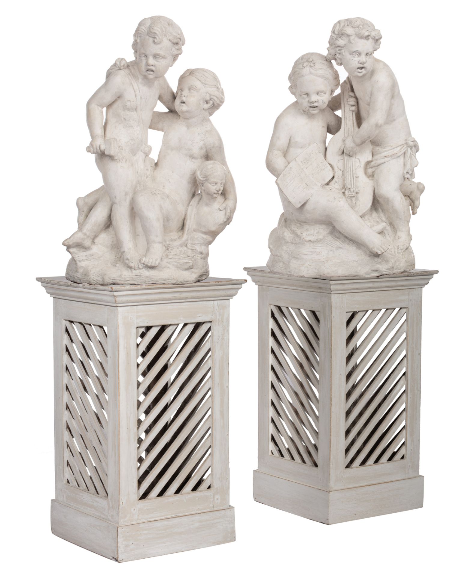 Two white painted terracotta sculptures, depicting an allegory on music and sculpture, 18thC, H 85 -