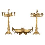 A large pair of Napoleon III gilt bronze candelabras and a matching coupe, H 74 - W 59 cm