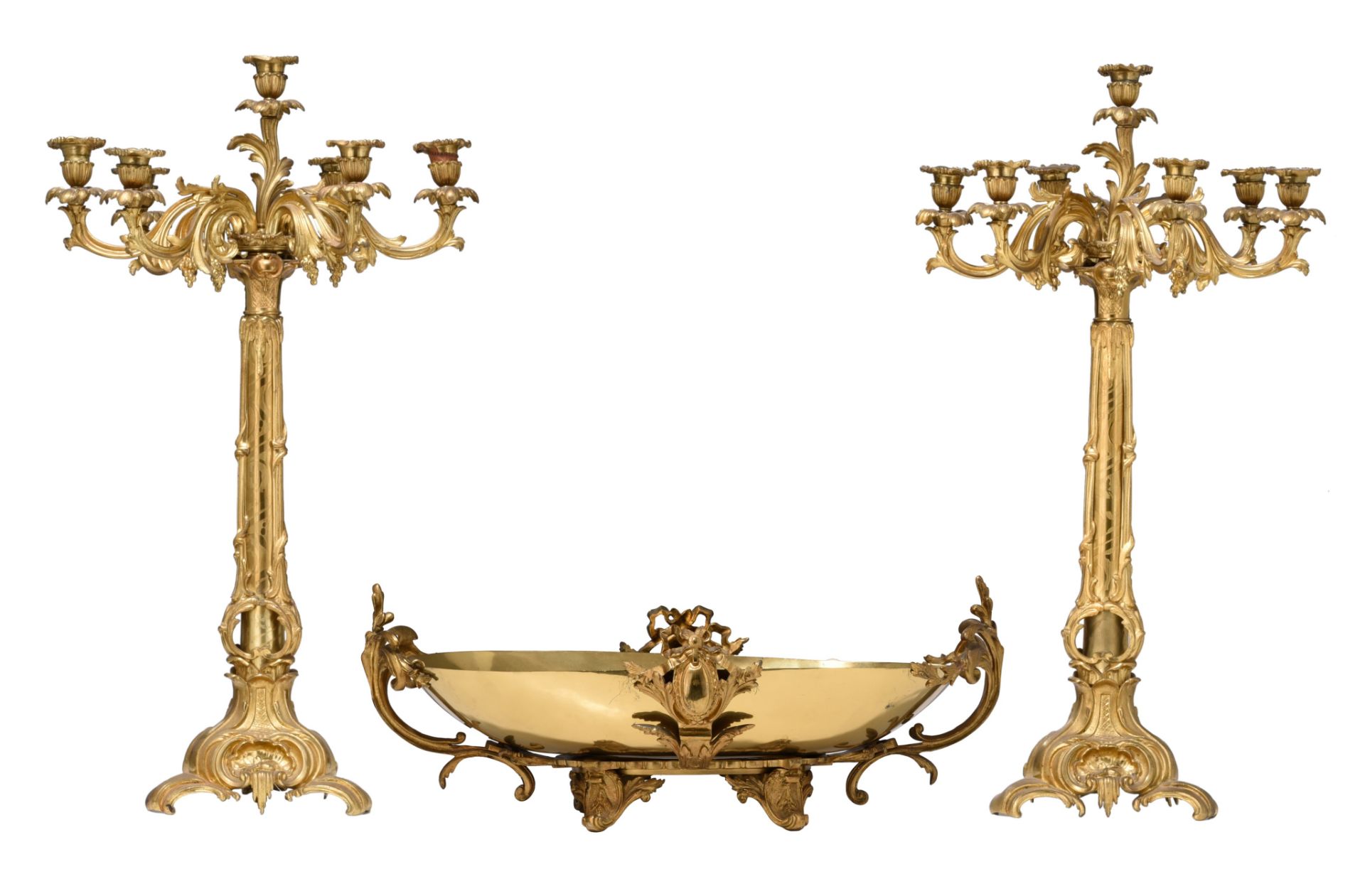 A large pair of Napoleon III gilt bronze candelabras and a matching coupe, H 74 - W 59 cm