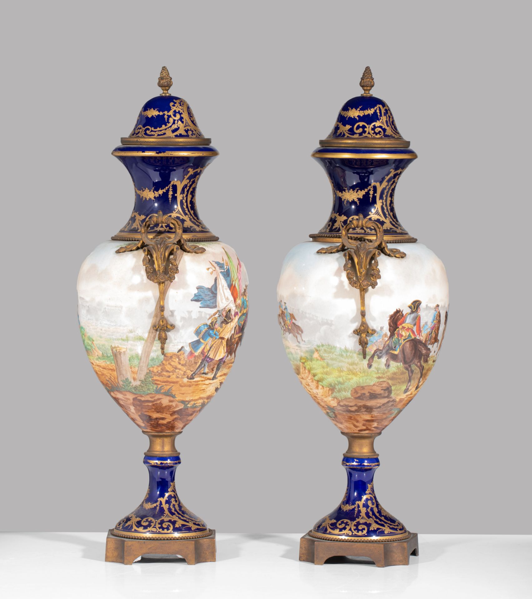 A pair of Sevres type vases, with hand-painted 17thC battle scenes, H 73 cm - Image 7 of 10