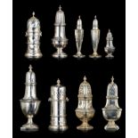 A collection of silver casters and salt shakers, H 10 - 21,5 cm, total weight: ca 1308 g