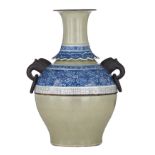 A Chinese underglaze blue and crackle-glazed celadon baluster vase, paired with looped handles, H 39