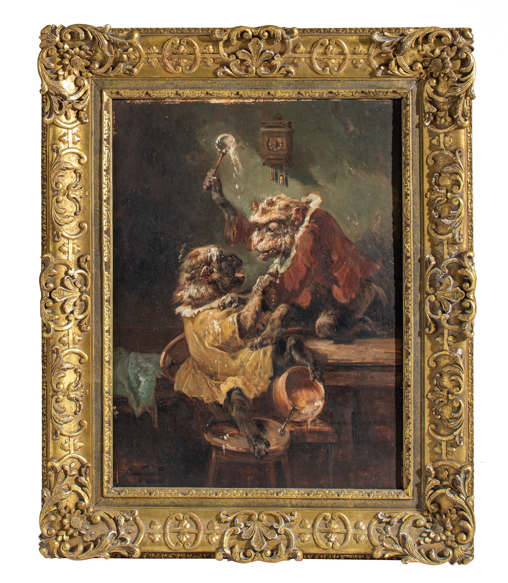 Henry Schouten (ca. 1860-1927) monkeys fighting in the kitchen, oil on panel, 44 x 60 cm - Image 2 of 5