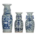 Three Chinese blue and white on celadon ground vases, 19thC, H 44 - 58 cm