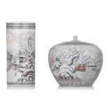 A Chinese Canton grisaille and enamelled 'Winter Landscape' cylindrical vase and ginger jar, 20thC,
