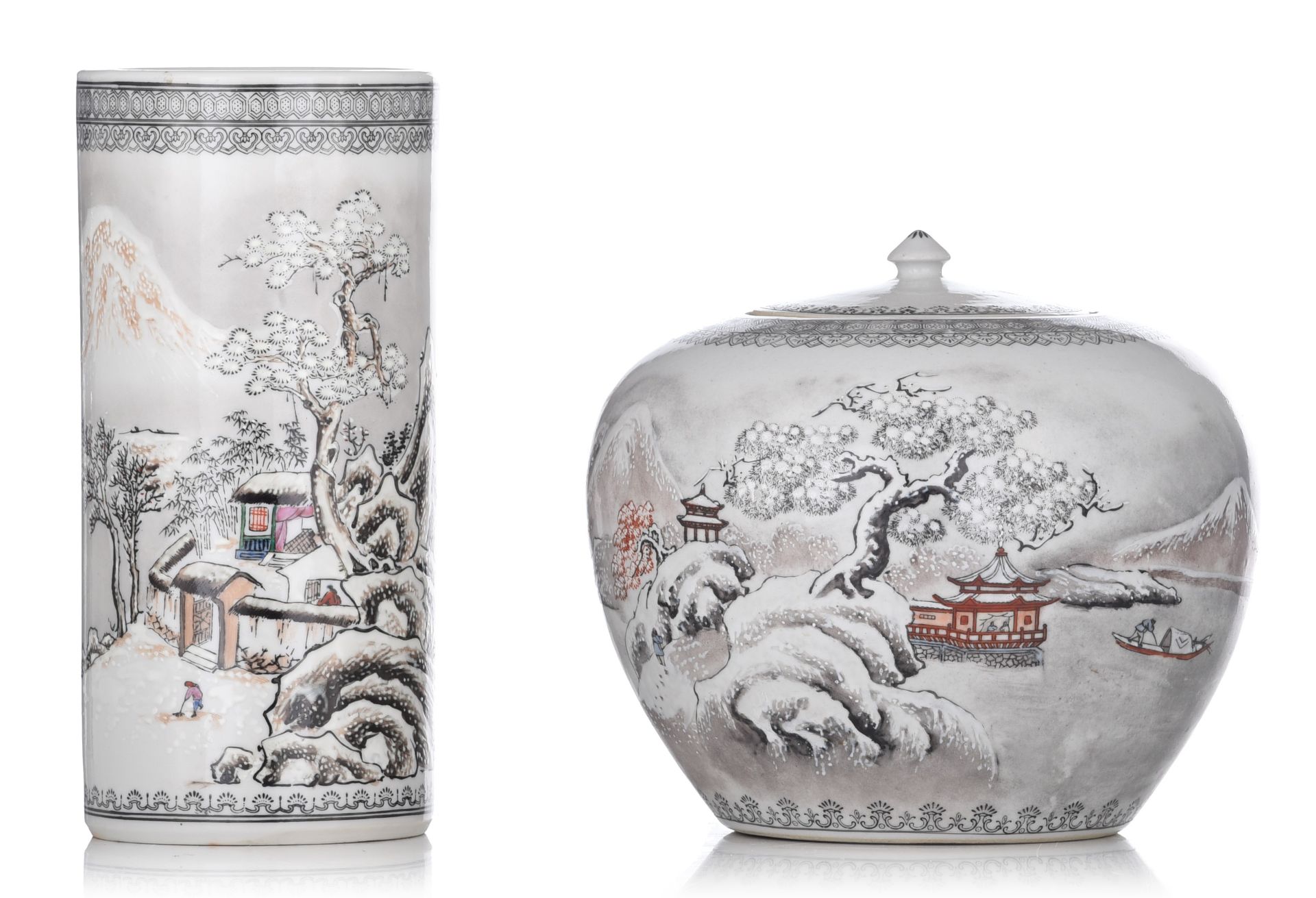 A Chinese Canton grisaille and enamelled 'Winter Landscape' cylindrical vase and ginger jar, 20thC,