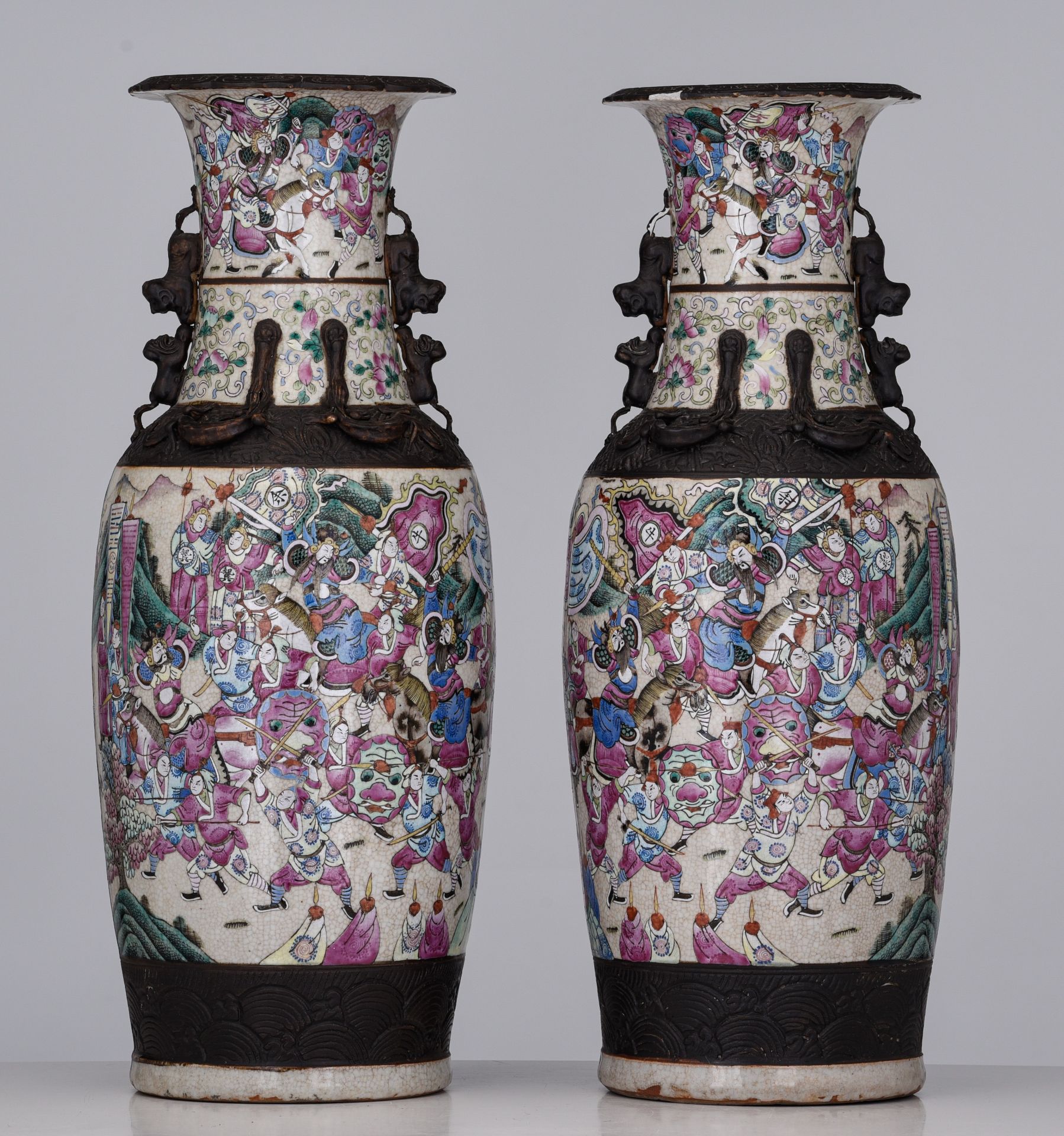 A pair of Chinese Nanking famille rose on crackle-glazed vases, 19thC, H 61 cm - added a blue and wh - Image 2 of 14