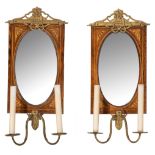 A pair of English Neoclassical wall lights, with marquetry and gilt bronze mounts, H 58 cm