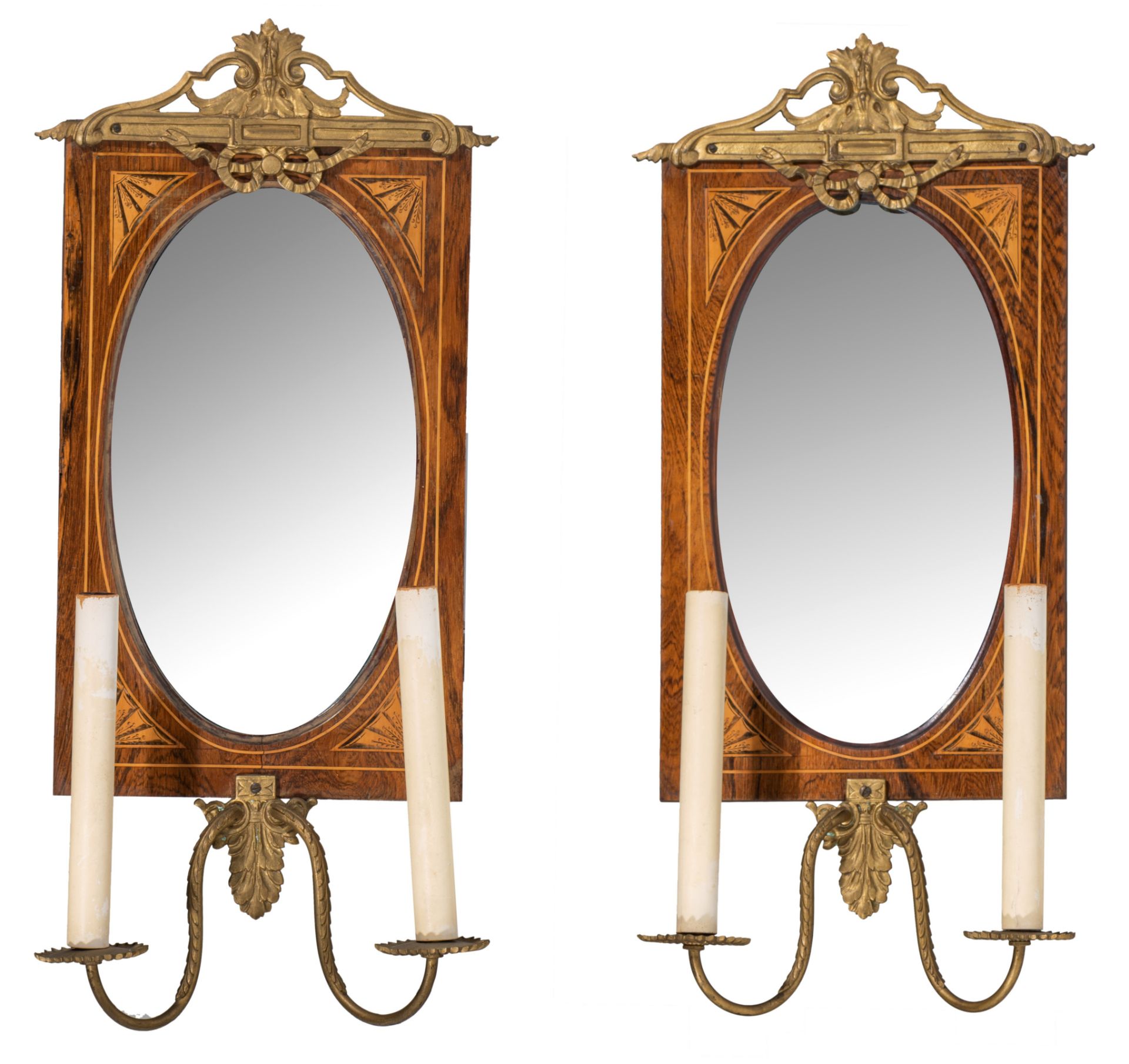 A pair of English Neoclassical wall lights, with marquetry and gilt bronze mounts, H 58 cm