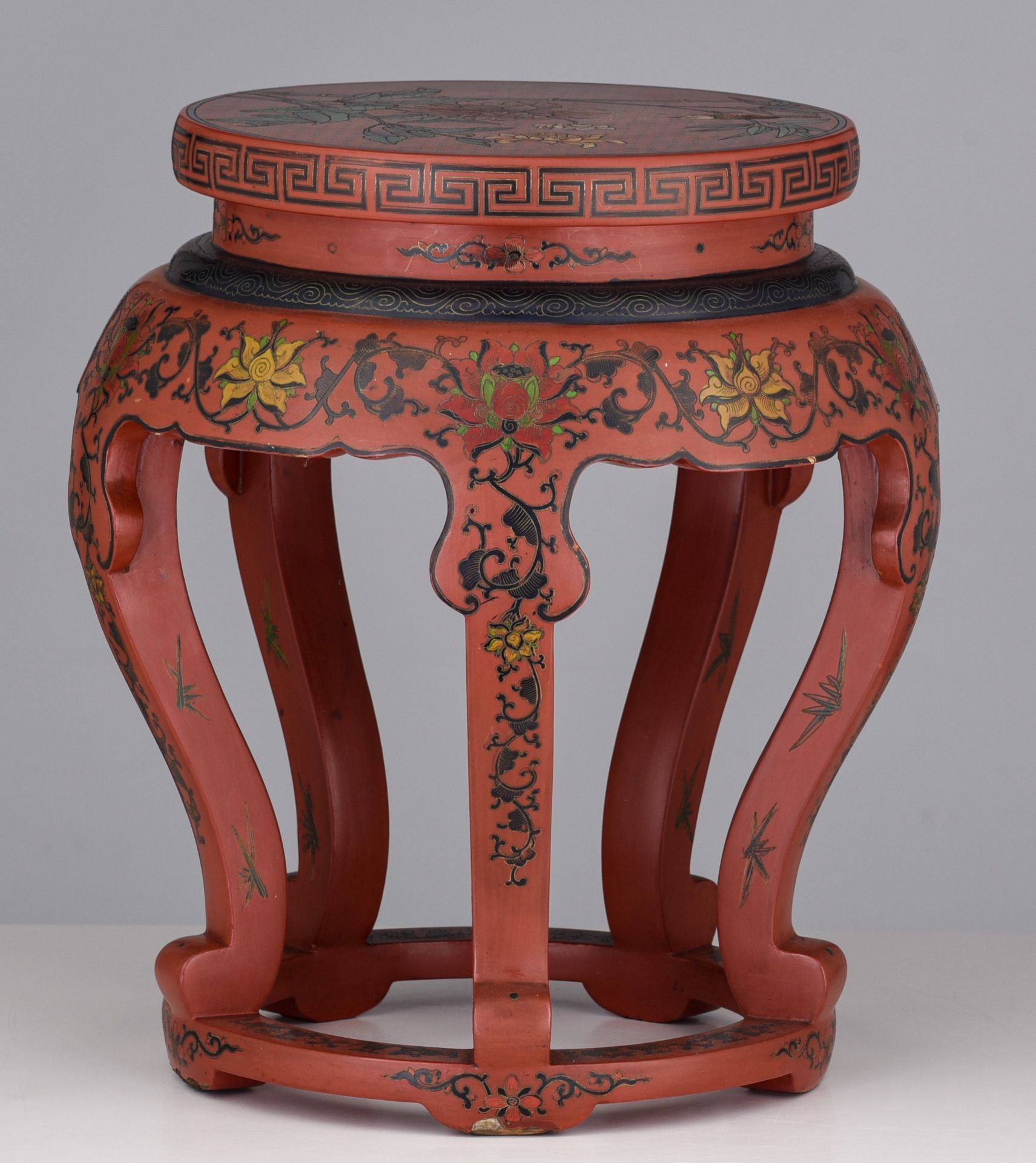 A Chines red lacquered base and a carved hardwood base with a marble top, 19thC/20thC, Tallest H 47 - Bild 11 aus 15