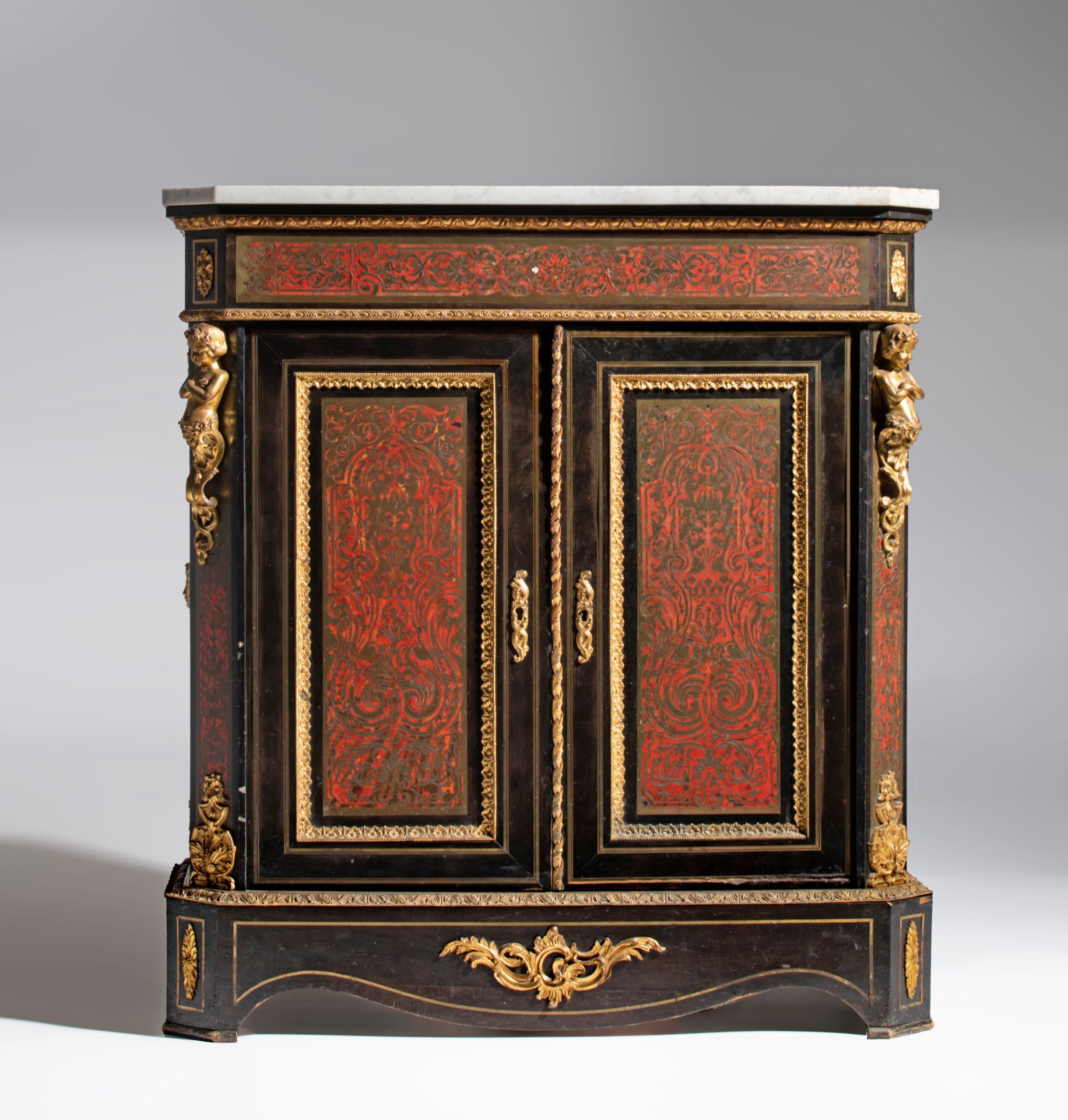 A Napoleon III Boulle work 'meuble d'appui', with gilt bronze mounts and Carrara marble top, H 104 - - Image 3 of 13