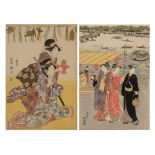 Two Japanese woodblock prints by Toyokuni, with courtesans and a young nobleman coming from a fishin
