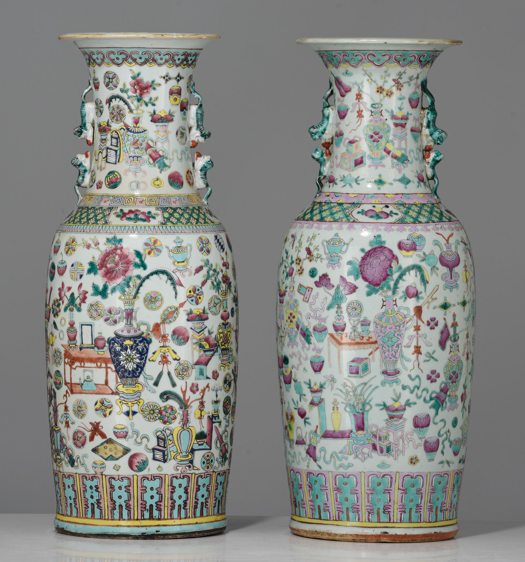 Two Chinese famille rose 'One Hundred Antiquities' vases, 19thC, H 58 cm - Image 2 of 7