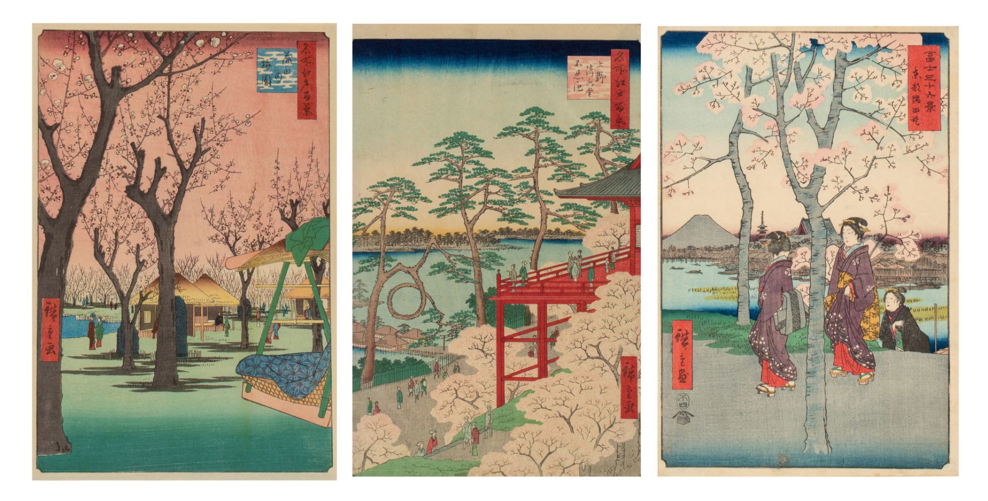 Three Japanese woodblock prints by Hiroshige, two from the series "100 views on Edo", no. 11 Kiyomit