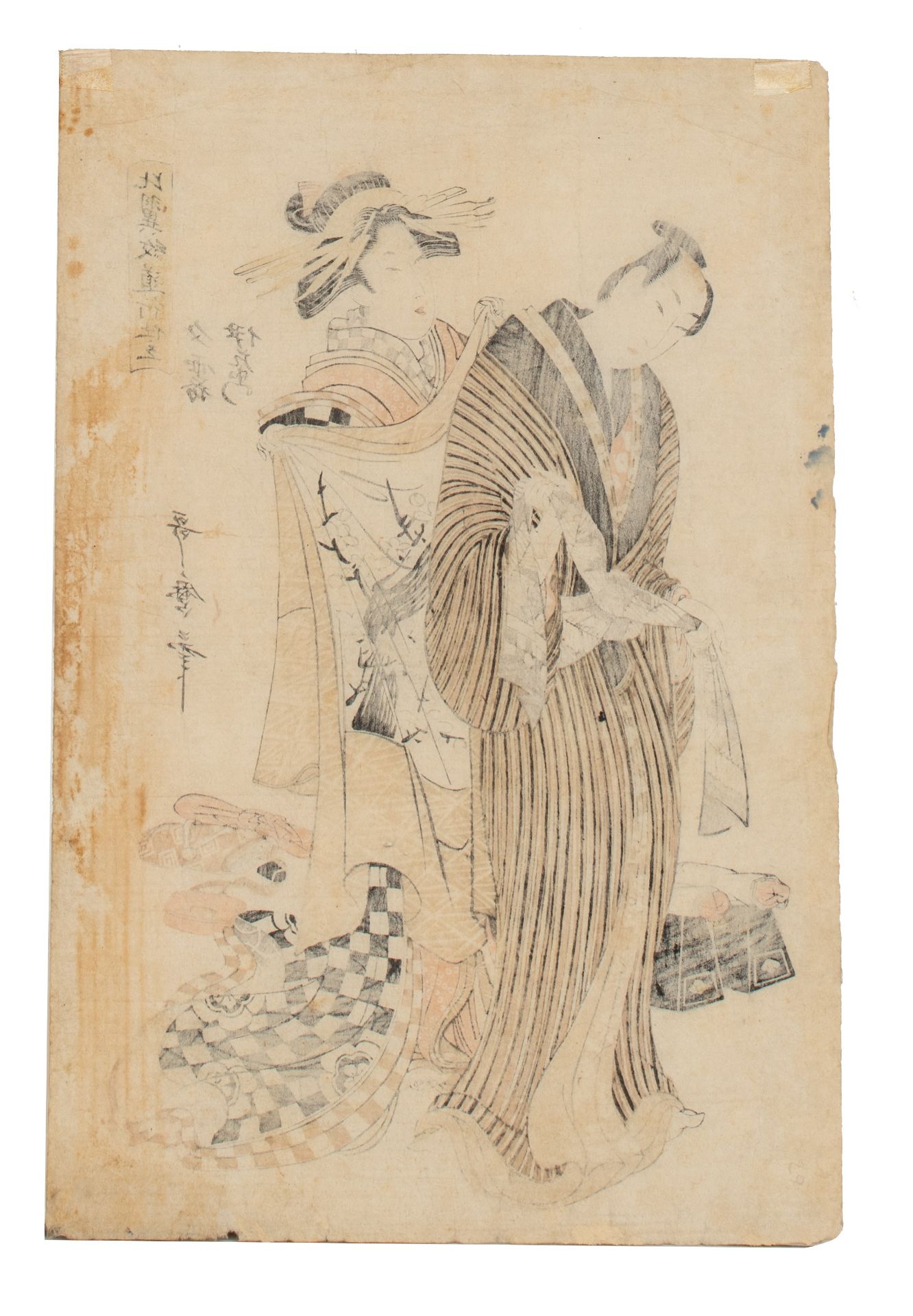 A Japanese woodblock print by Utamaro, two lovers standing, ca. 1797 (+) - Image 2 of 4