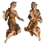 A fine pair of Baroque polychrome limewood angel figures, late 17thC, Southern Germany, H 77 cm