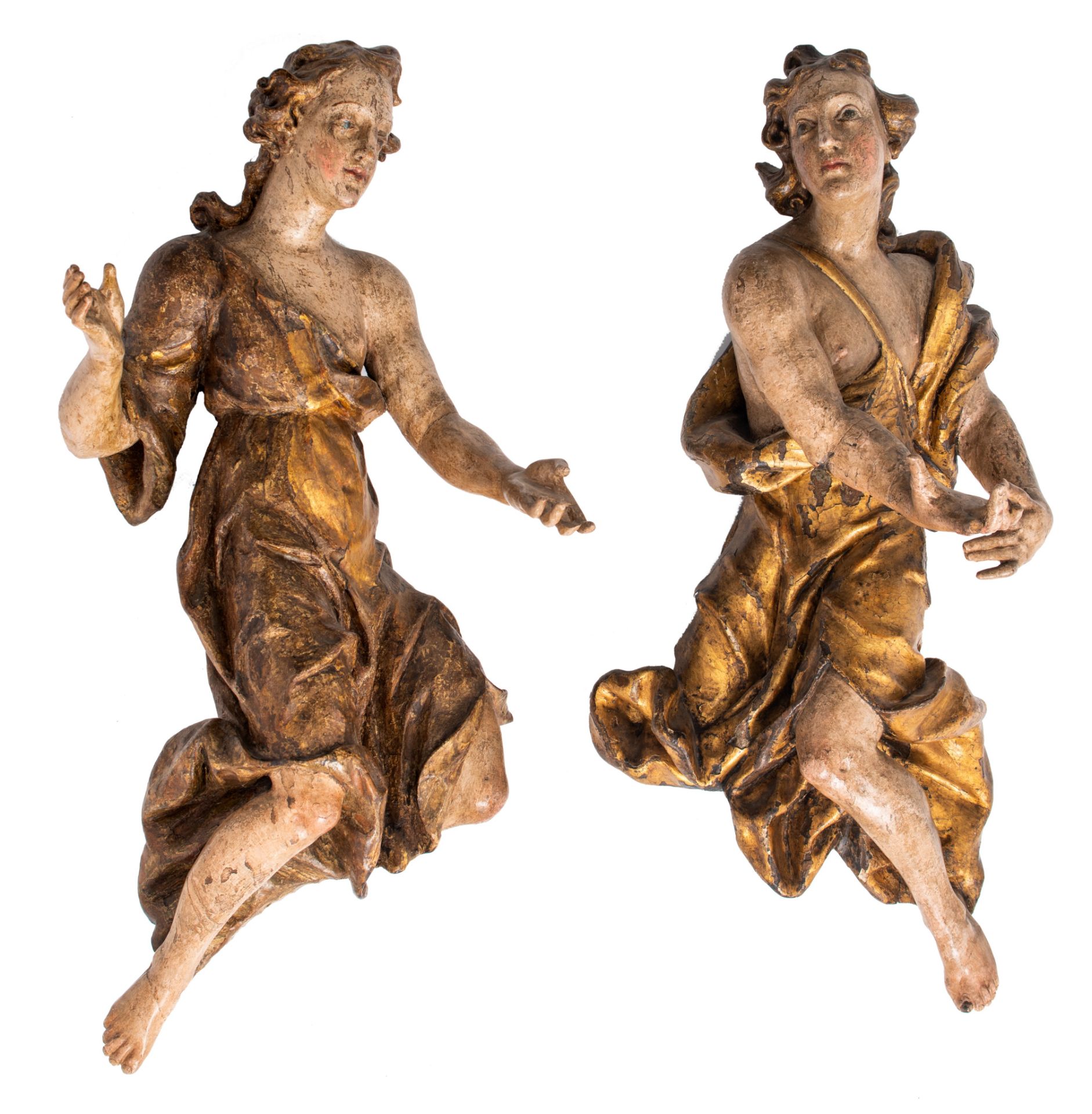 A fine pair of Baroque polychrome limewood angel figures, late 17thC, Southern Germany, H 77 cm