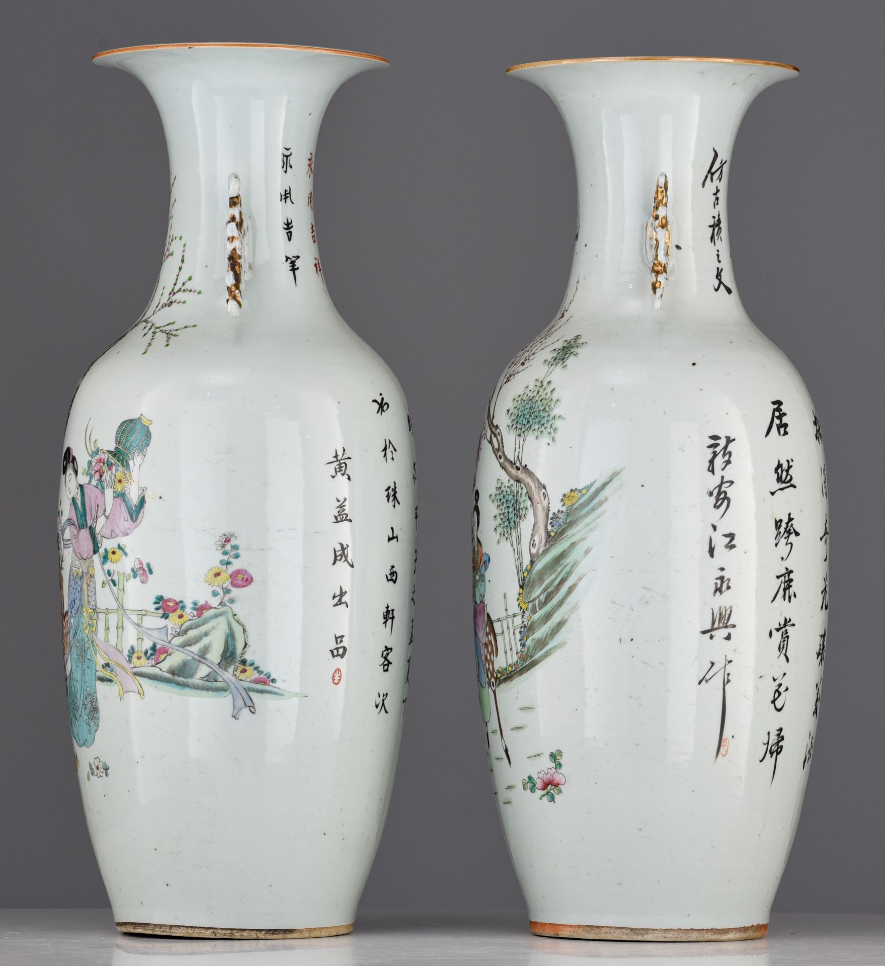 Two Chinese famille rose 'Magu and the deer' vases, the back with a signed text, Republic period H 5 - Image 3 of 7