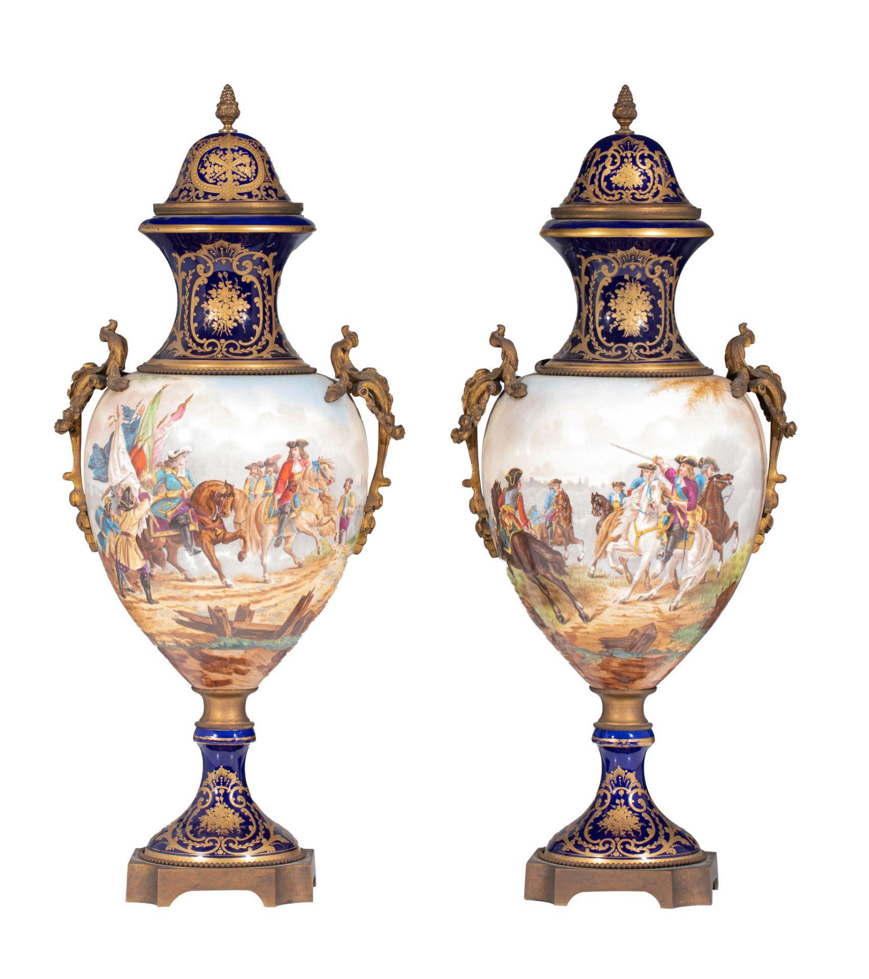 A pair of Sevres type vases, with hand-painted 17thC battle scenes, H 73 cm