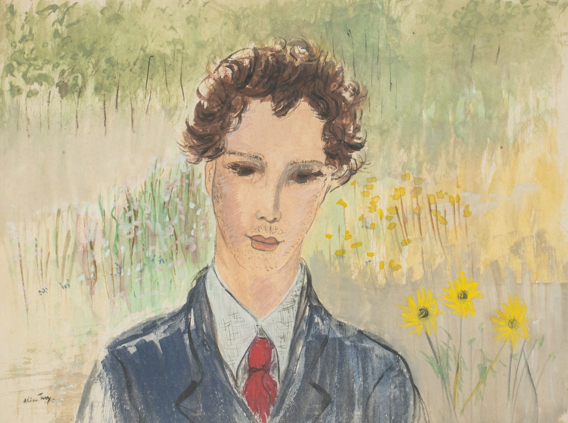 Alice Frey (1895-1981), portrait of a man in a garden setting, ink, watercolour and gouache on paper