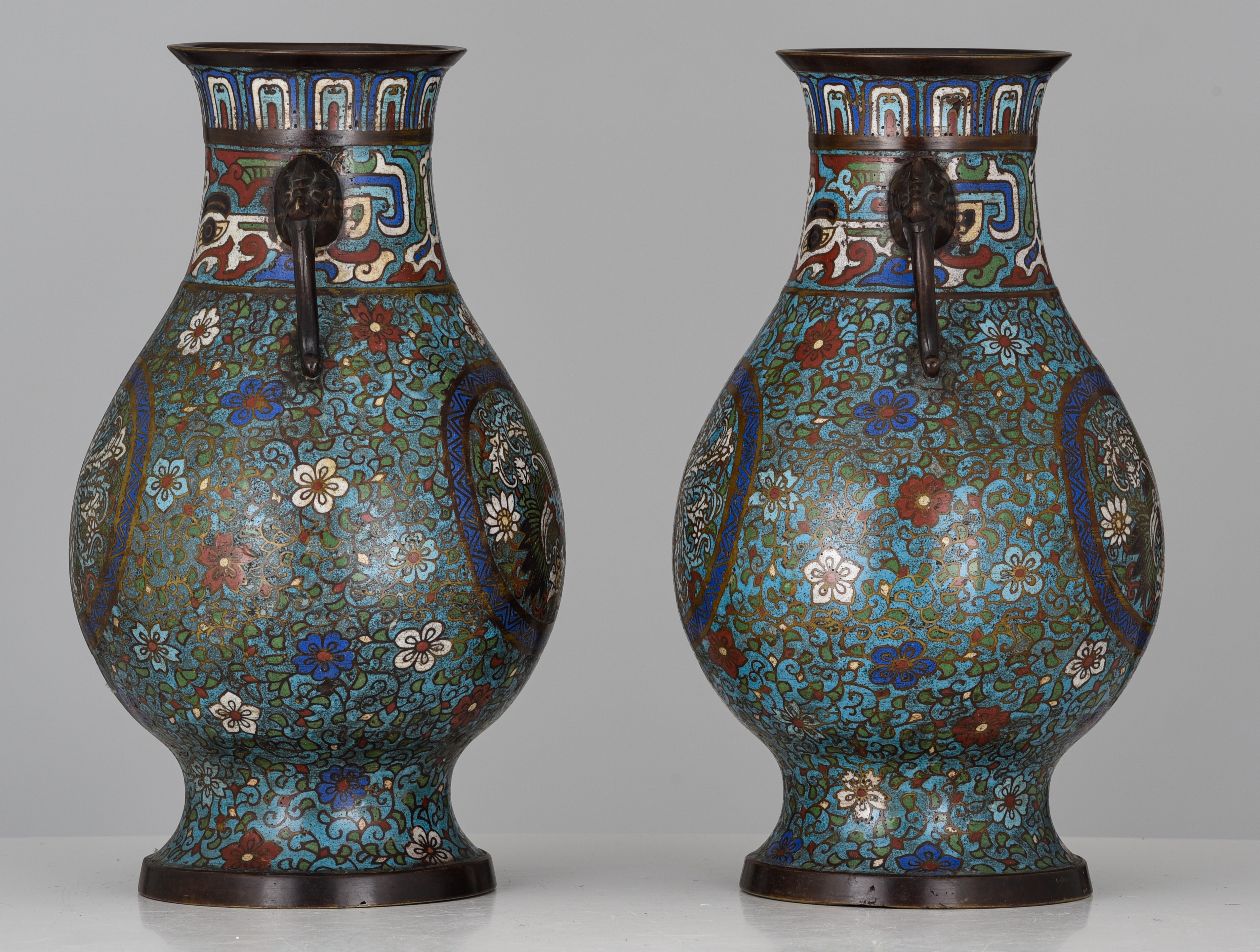 A pair of Japanese champleve bronze vases, 19thC/20thC, H 36 cm - Image 3 of 7