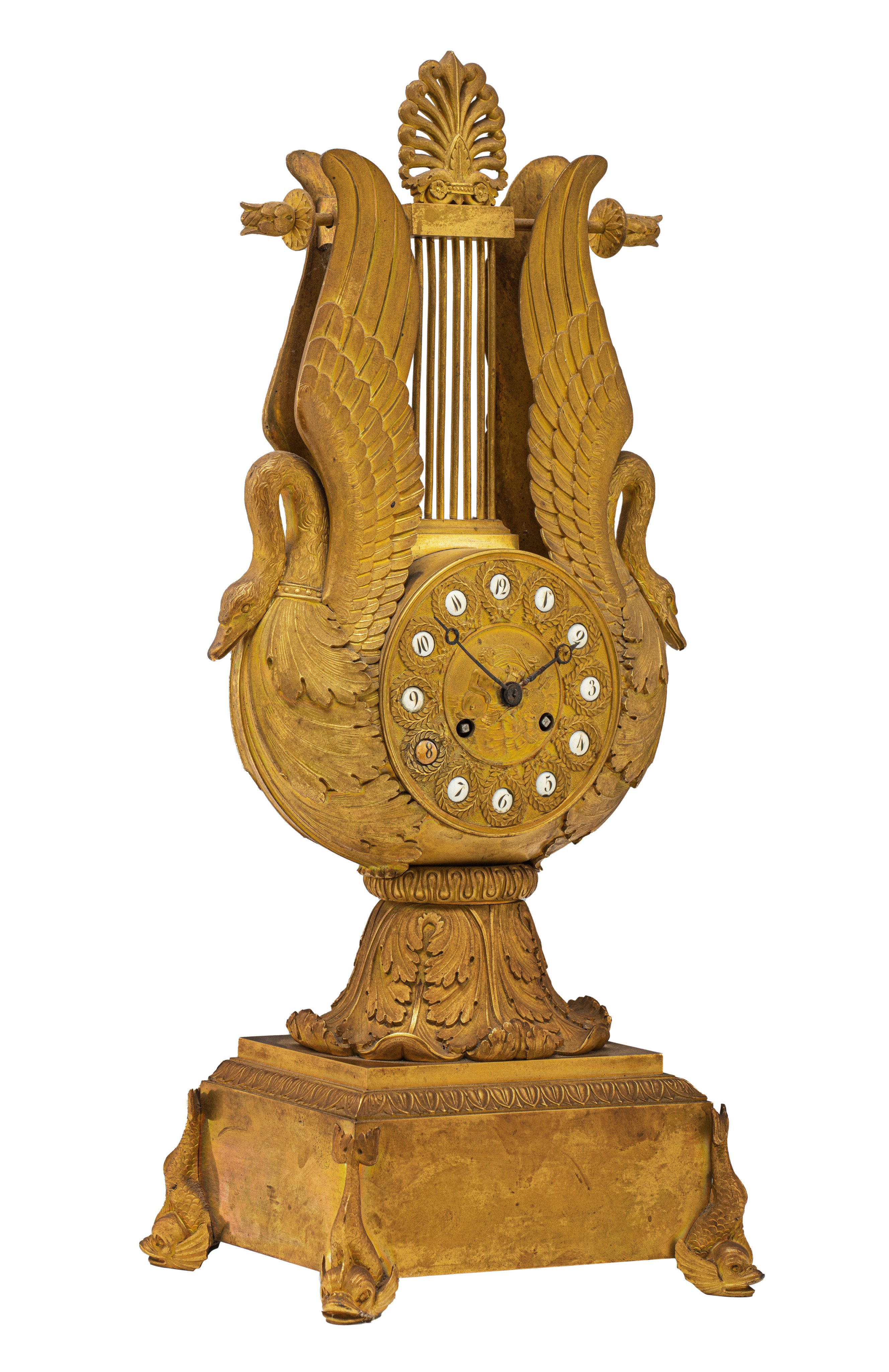 A gilt bronze lyre-shaped Restauration mantle clock, decorated with swans and dolphins, ca. 1815-183 - Image 9 of 19