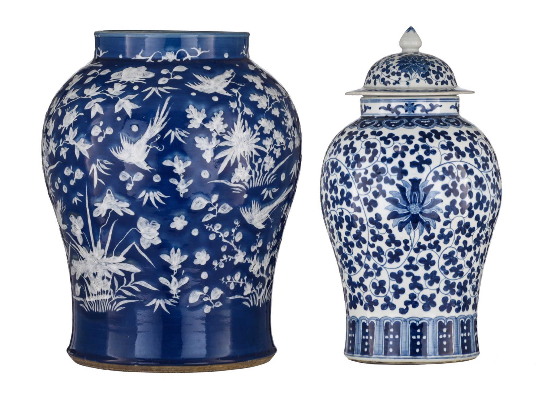 Two Chinese blue and white 'Scrolling lotus' baluster vases and cover, 19thC, H 49 - 51 cm