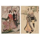 Two Japanese woodblock prints by Eizan, one with a portrait of a courtesan on a walk, misty autumn s