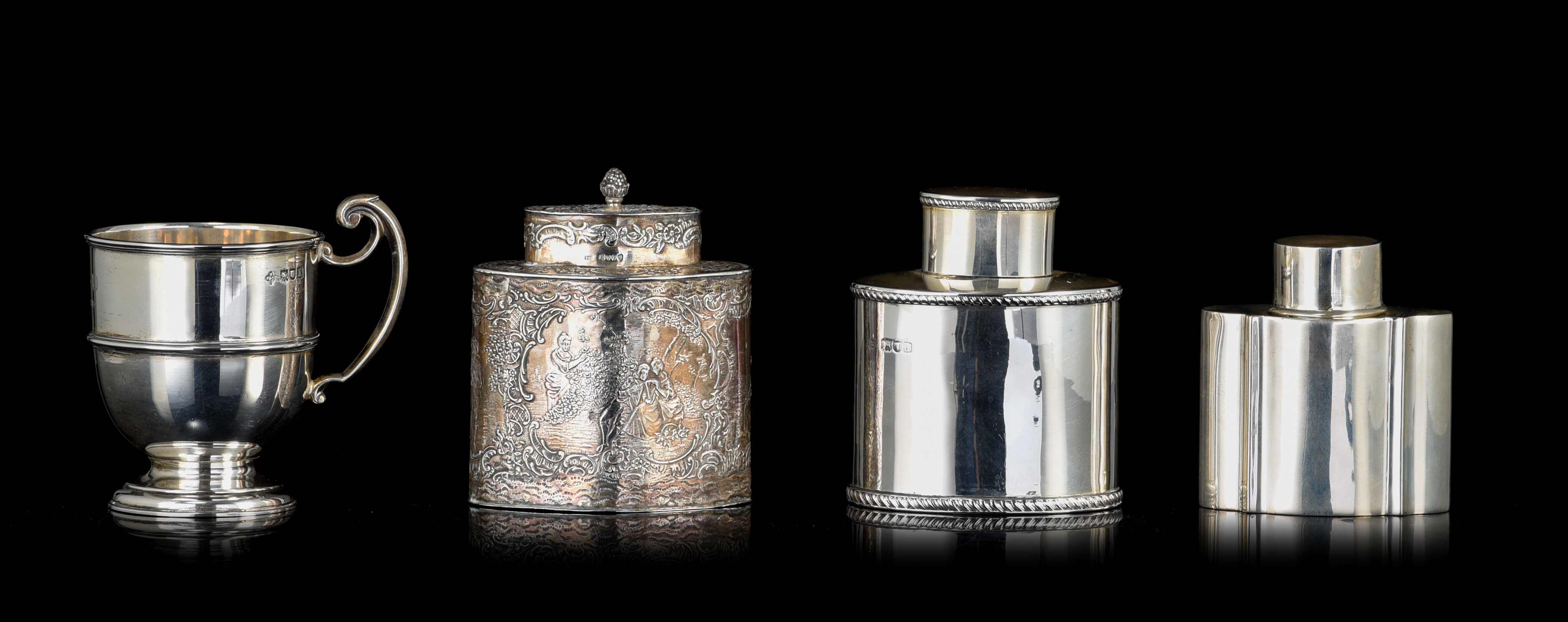 A collection of three tea boxes and a beaker, H 9,5 - 11,5 cm, total weight: ca 720 g