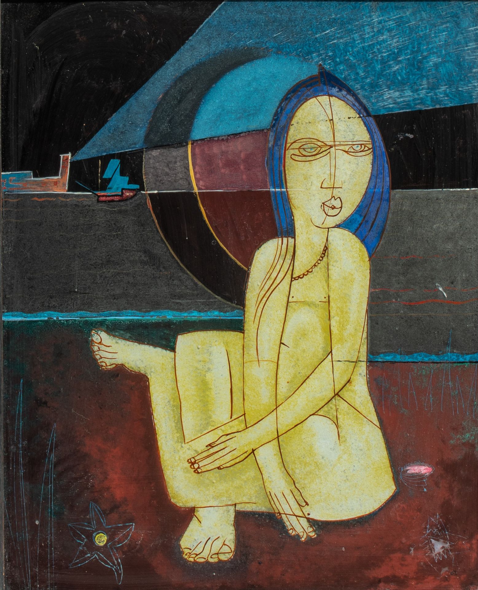 Floris Jespers (1889-1965), 'Femme assise (Coquillage)', eglomise, 35 x 43 cm