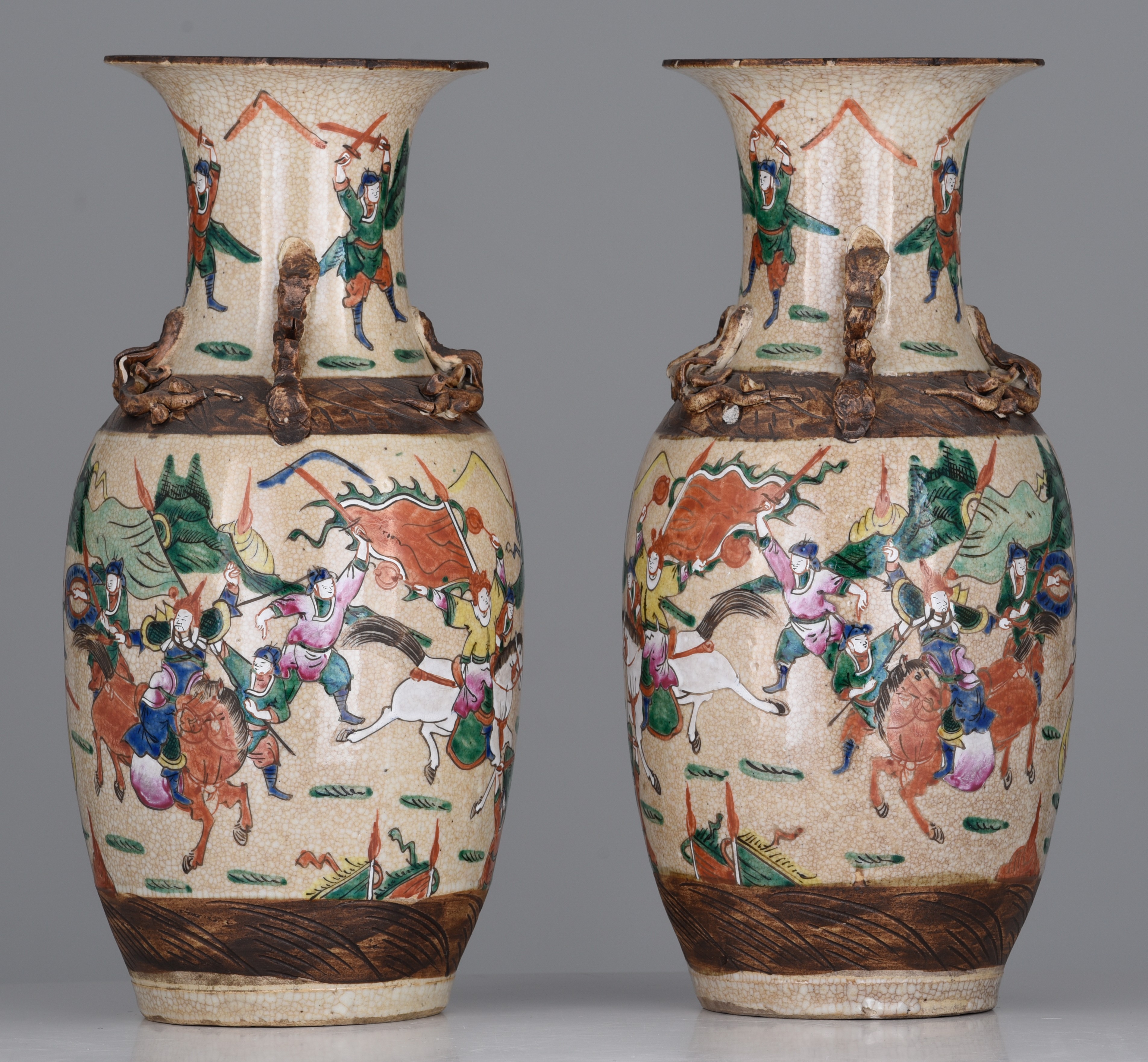 A pair of Chinese Nanking famille rose stoneware vases, 19thC, H 44 cm - Image 5 of 7
