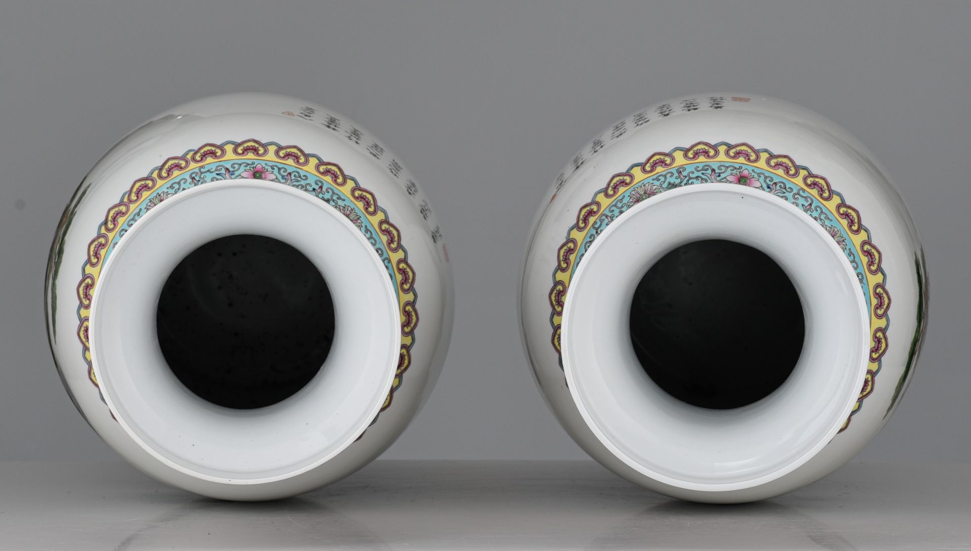 A pair of Chinese famille rose 'The Eight Horses of Wang Mu' vases, the back with a signed text, 20t - Image 6 of 7