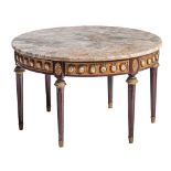 A Neoclassical Napoleon III side table with gilt brass mounts, porcelain plaques and an onyx top, H