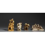A collection of three Japanese carved okimono and one netsuke (+)