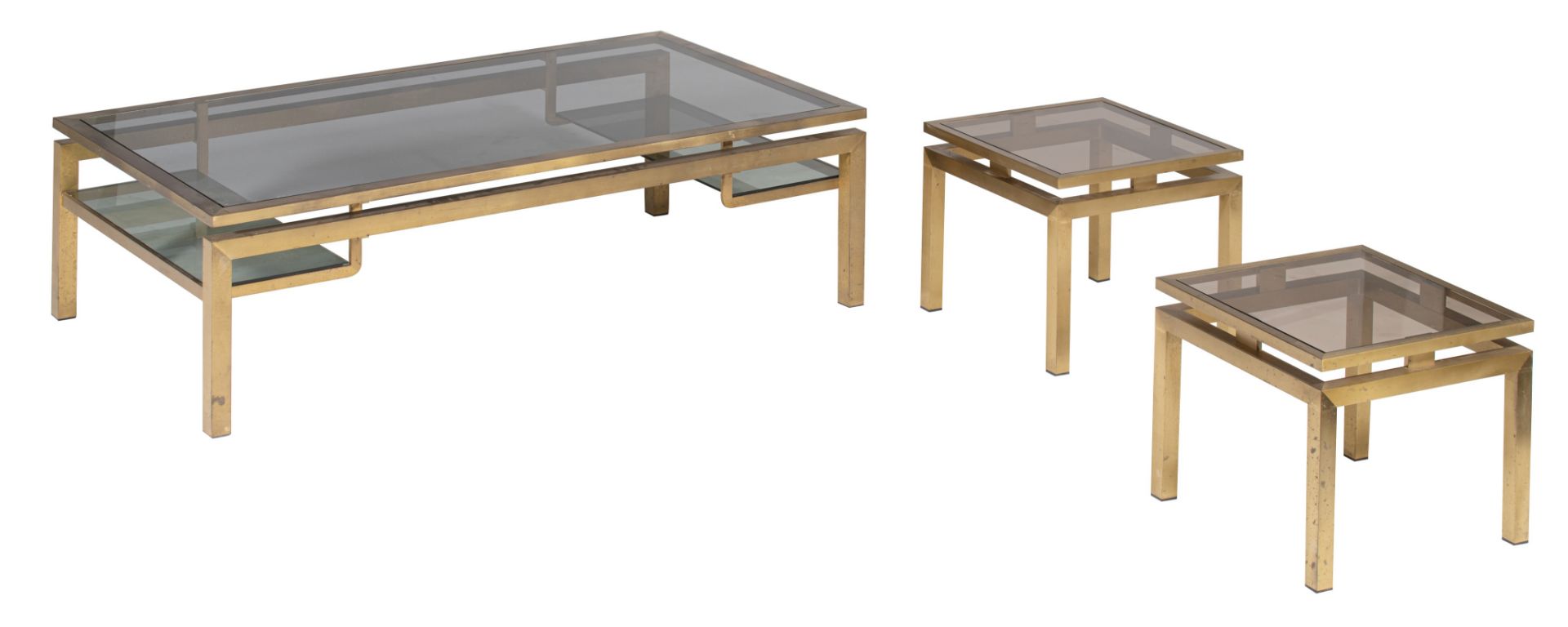 A vintage coffee table and two matching side tables by Maison Jansen, Paris, H 36-38 - W 40-138 - 40