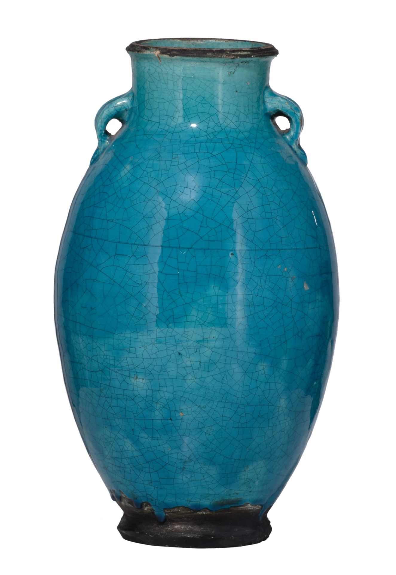 An Islamic turquoise glazed pottery vase, 15thC/16thC, H 37,5 cm