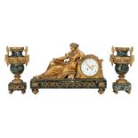 A Neoclassical gilt spelter and vet de mer marble three-piece clock garniture, H 39 - 42 - W 62 cm