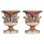 An imposing pair of campana shaped vases, with an Imari design, marked Derby, H 53,5 - dia 48 cm