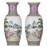 A pair of Chinese famille rose 'The Eight Horses of Wang Mu' vases, the back with a signed text, 20t