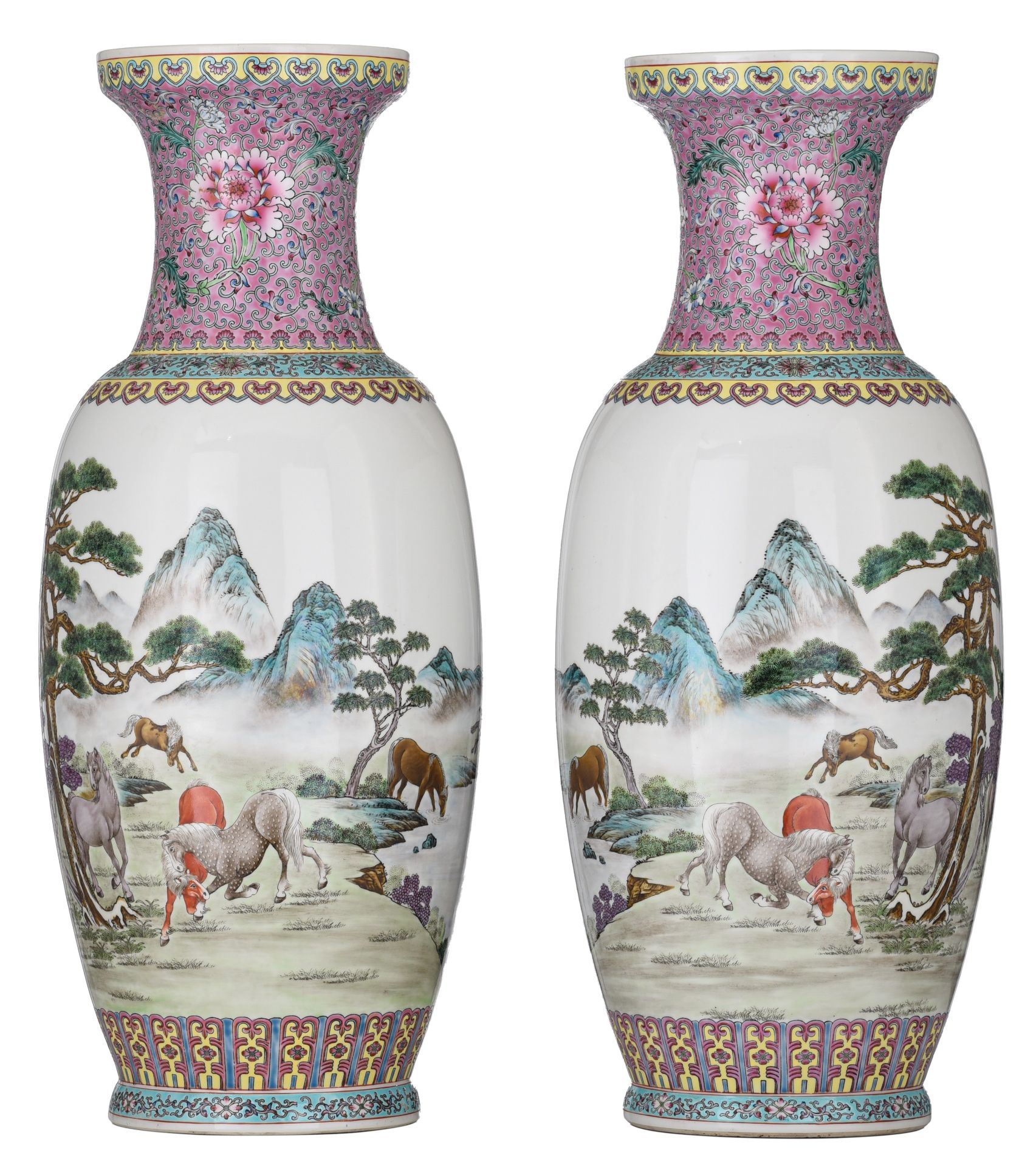 A pair of Chinese famille rose 'The Eight Horses of Wang Mu' vases, the back with a signed text, 20t