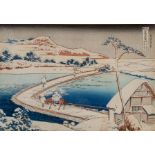 A Japanese woodblock print by Hokusai, Old View of the Boat-Bridge at Sano in Kozuke Province, from