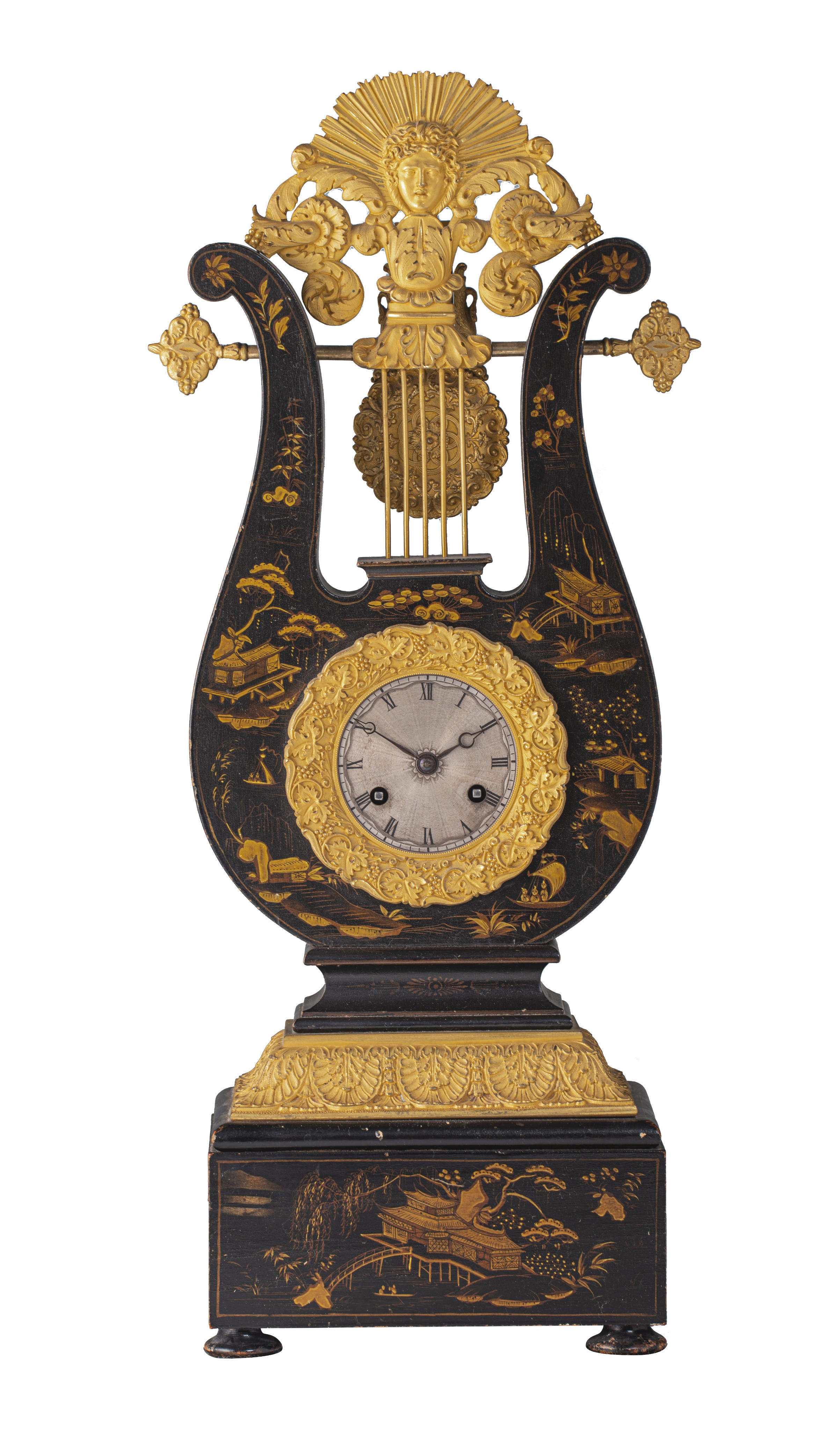 A French Restauration lyre-shaped chinoiserie lacquered mantel clock, with gilt bronze mounts, ca. 1