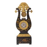 A French Restauration lyre-shaped chinoiserie lacquered mantel clock, with gilt bronze mounts, ca. 1